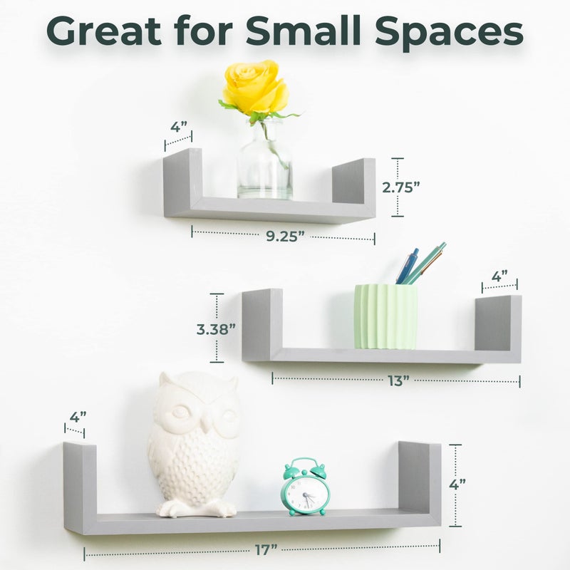 Greenco Set of 3 Floating â€œUâ€ Shelves, Easy-to-Assemble Floating Wall Mount Shelves for Bedrooms and Living Rooms, Grey Finish - Image 2